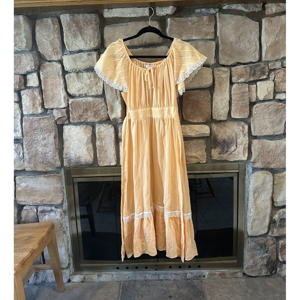 VTG 70s JCPenney Peach Prairie Dress Lace Trim Flutter Sleeve Maxi Cottagecore